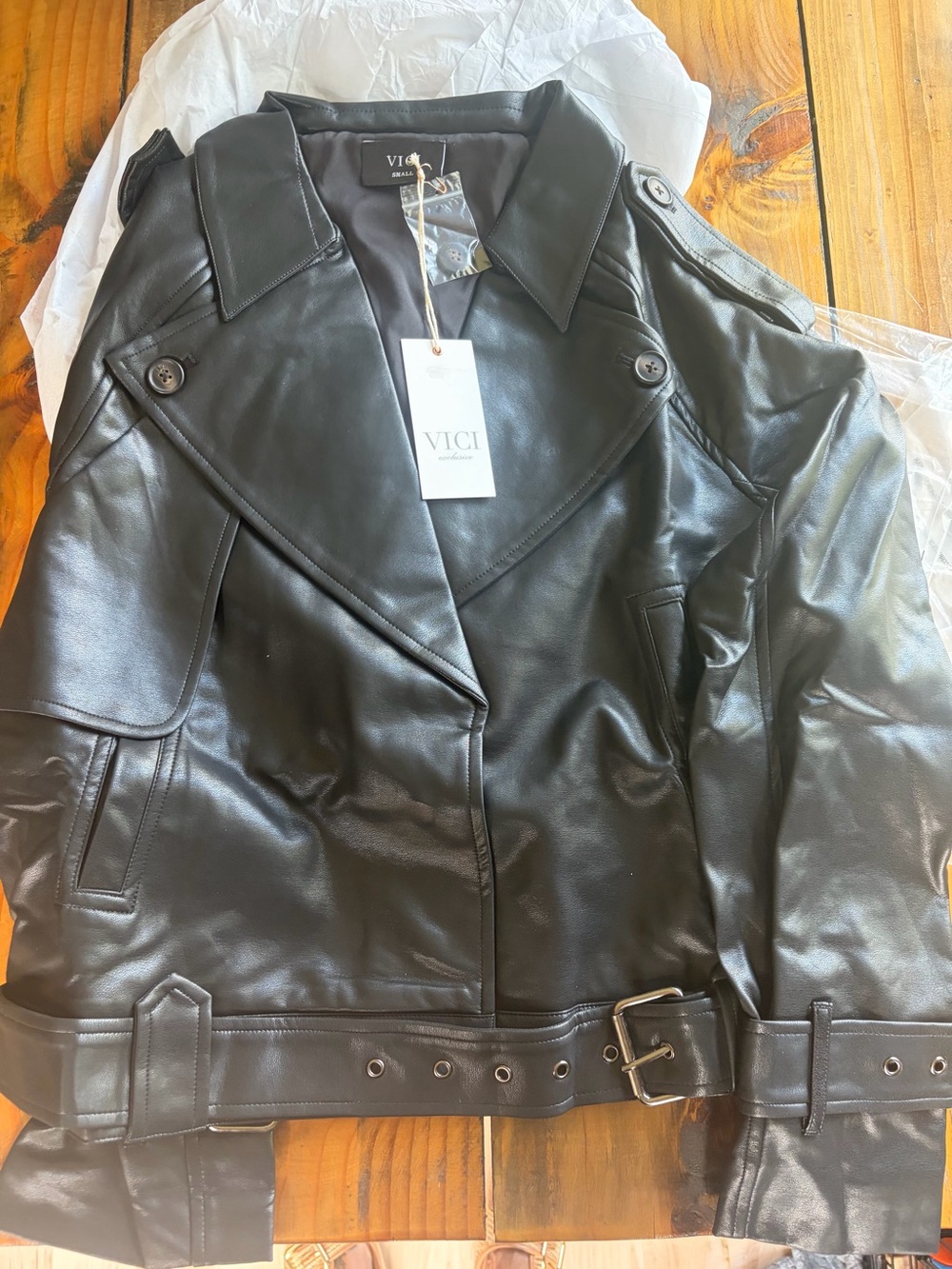 VICI Black Faux Leather moto Belted jacket